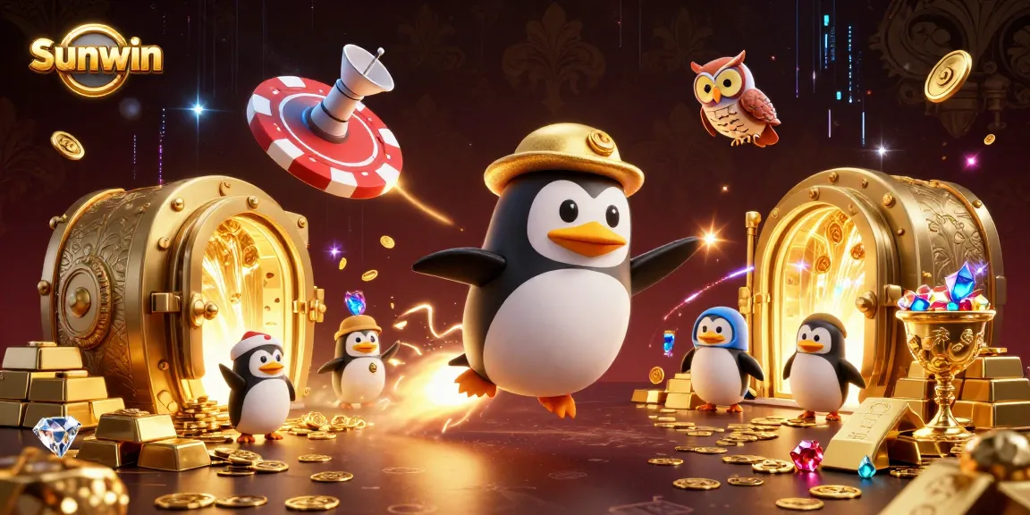 Engage with Sunwin's thrilling gaming experience illustrated by a penguin soaring towards a casino in space.