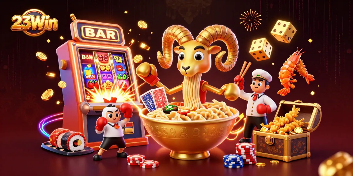 Engage with 23Win’s vibrant scene featuring a golden ramen bowl dealer amidst exciting casino elements.