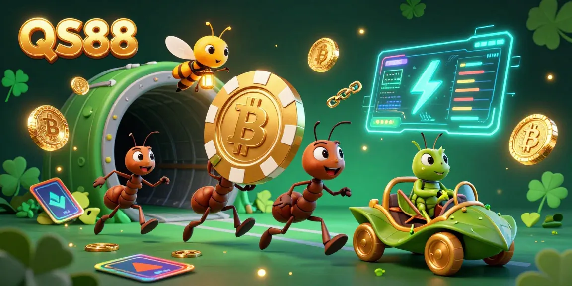 Engage with QS88's thrilling heist scene featuring cartoon ants and cryptocurrency elements packed with gambling energy.
