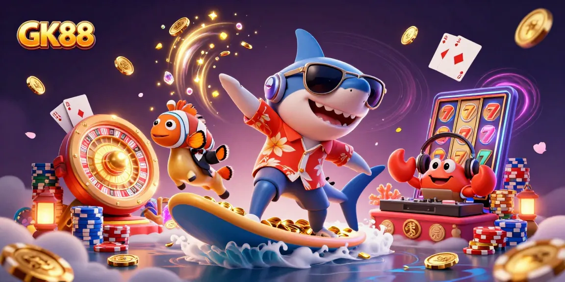 GK88 showcases a vibrant casino illustration featuring a shark surfing on gold coins with lively casino elements.