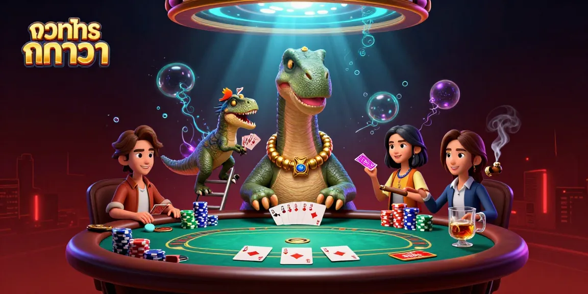 Experience exciting ทดลอง บาคาร่า at a vibrant casino scene with a dinosaur dealer.
