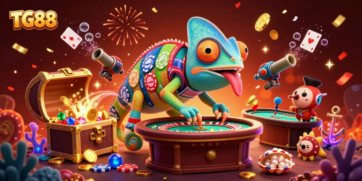 TG88 offers an engaging chameleon character collecting coins at a vibrant casino scene.
