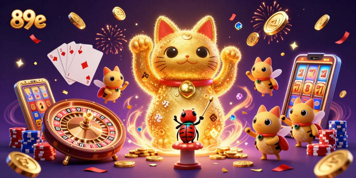 Experience the vibrant world of 89e with a dynamic giant lucky cat and sparkling casino symbols.