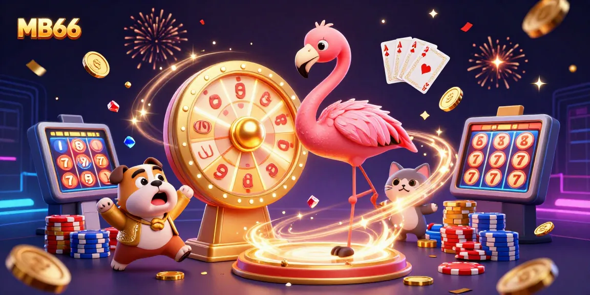 Join the excitement at MB66 with a vibrant casino scene featuring a game show host, bulldog contestant, and prize cat assistant.