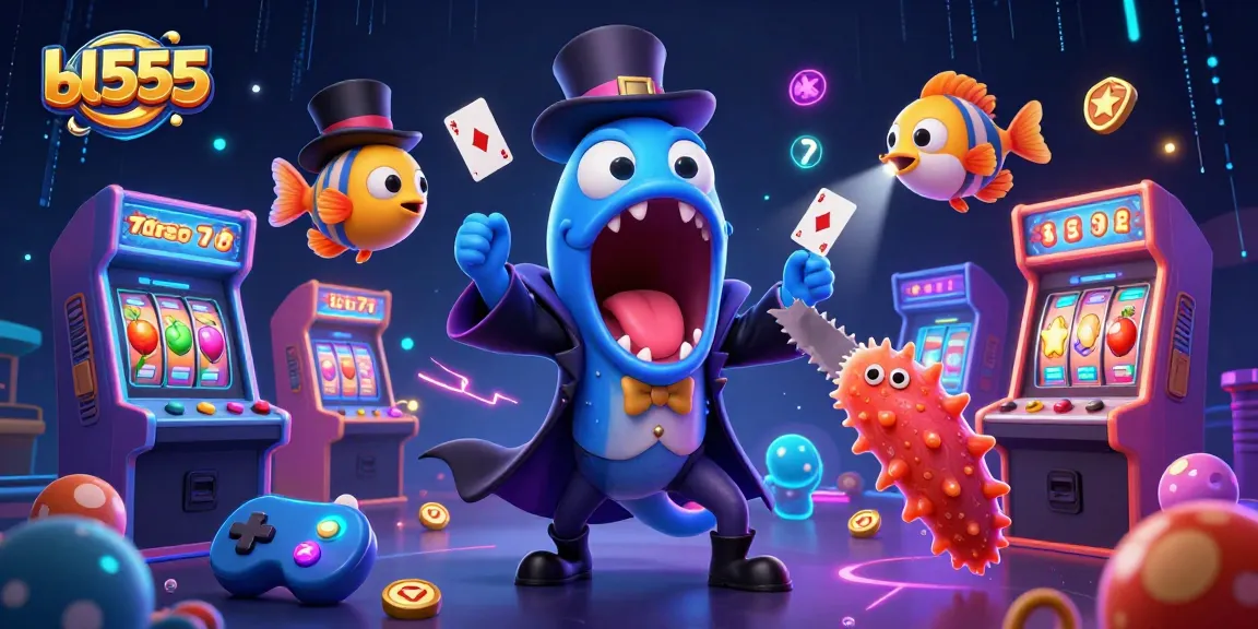 Experience the magic at bl555 with vibrant characters performing casino-style tricks amidst glowing arcade games.