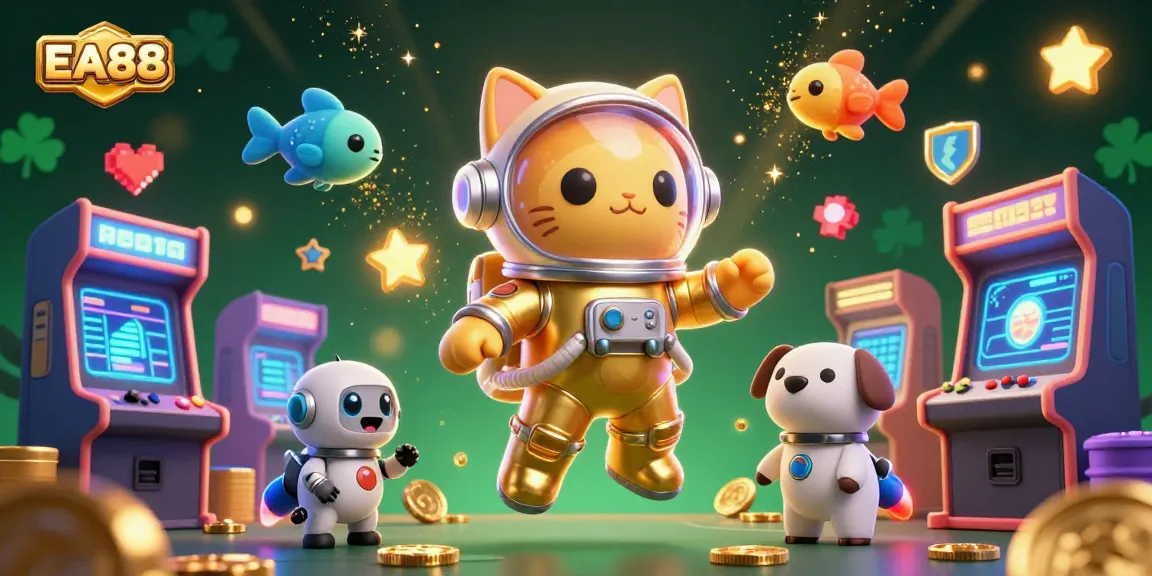 Engage with EA88's vibrant casino theme featuring a 3D astronaut cat and robot dog amidst dynamic gaming elements.