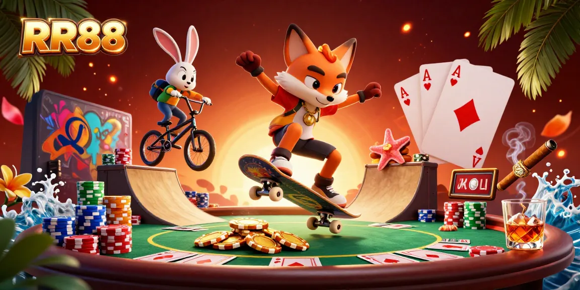 Experience excitement at RR88 with a dynamic 3D cartoon scene featuring a skateboarder fox and BMX rabbit.