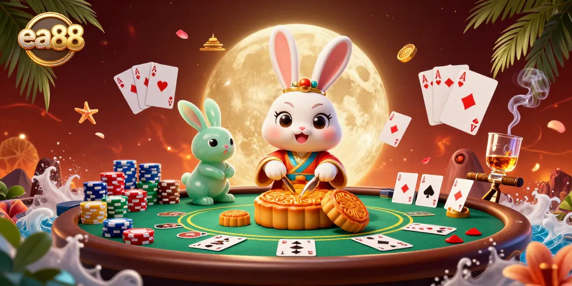 ea88 features a whimsical moon rabbit revealing poker chips, showcasing vibrant casino elements