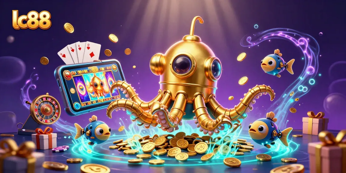 Experience gaming excitement at lc88 with a golden kraken amidst lush casino elements.