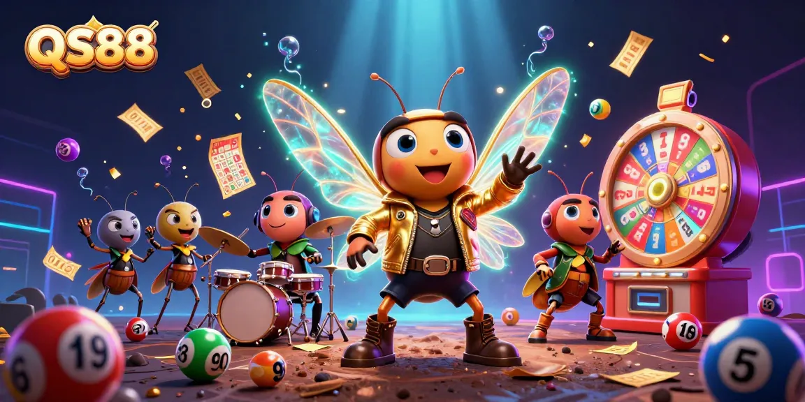 Experience the thrill of QS88 with a vibrant 3D scene featuring a rock star cicada amidst energetic gambling elements.