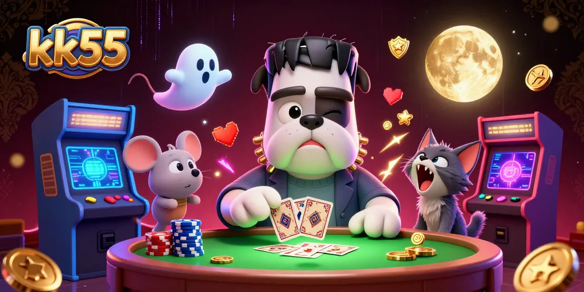 kk55 casino experience with cartoon characters dealing cards and festive gaming elements.