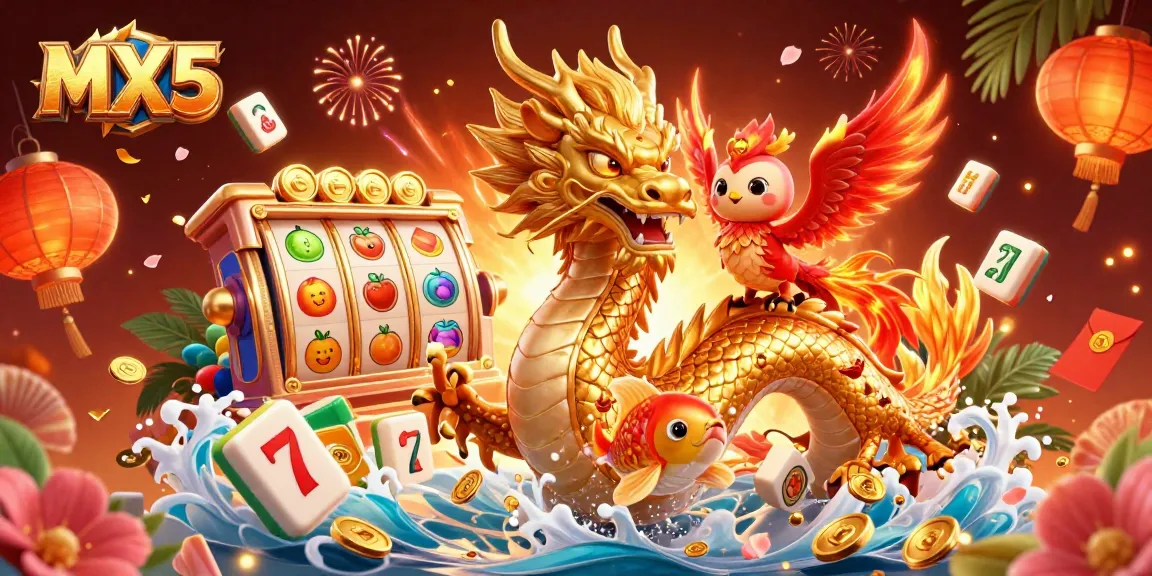 Experience the thrill of MX5 slots with a golden dragon, phoenix, and koi fish amid dazzling elements.