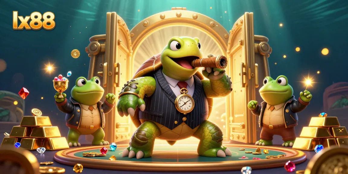 Experience the thrill of casino games with lx88 featuring a vibrant turtle and frog enforcers.