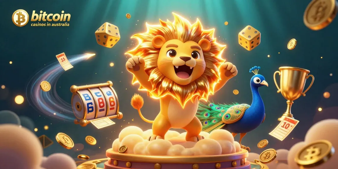 Engage with the excitement of bitcoin casinos in australia featuring a vibrant 3D illustration of gaming and crypto elements.