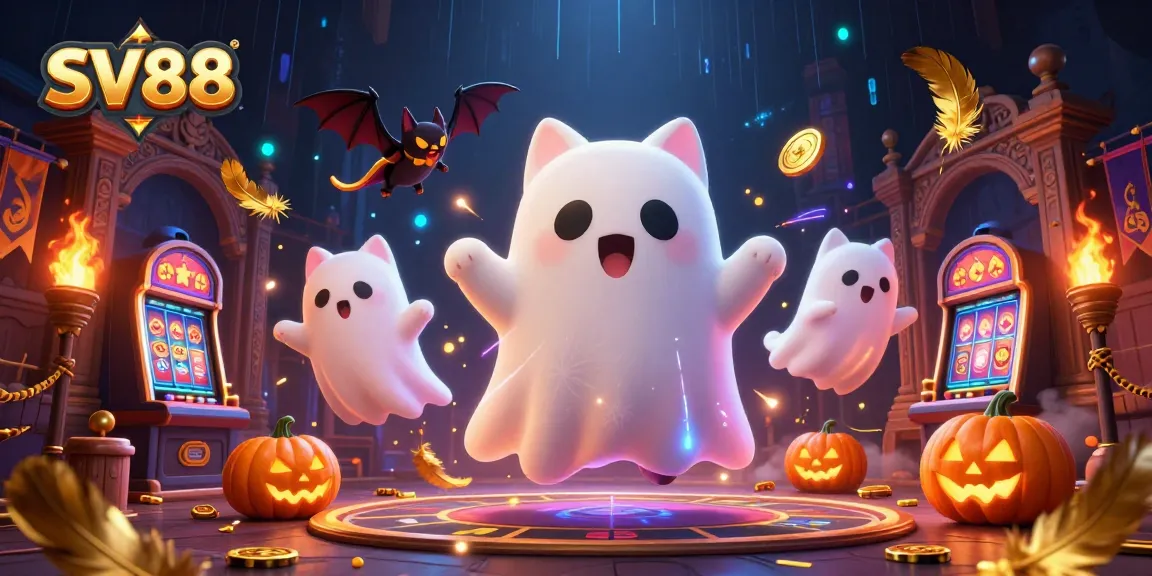 Engage with SV88 as a friendly ghost cat and vampire bat explore a lively casino