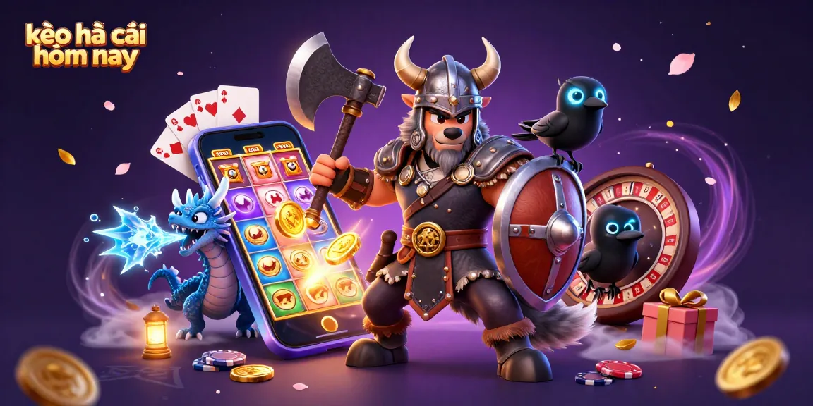 Engage with the latest kèo nhà cái hôm nay featuring an epic Viking warrior, dragon, and gambling elements.