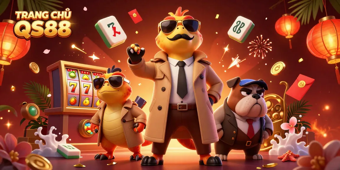 TRANG CHỦ QS88 showcases a whimsical scene with raptors in a trench coat entering a casino, among vibrant gaming elements.