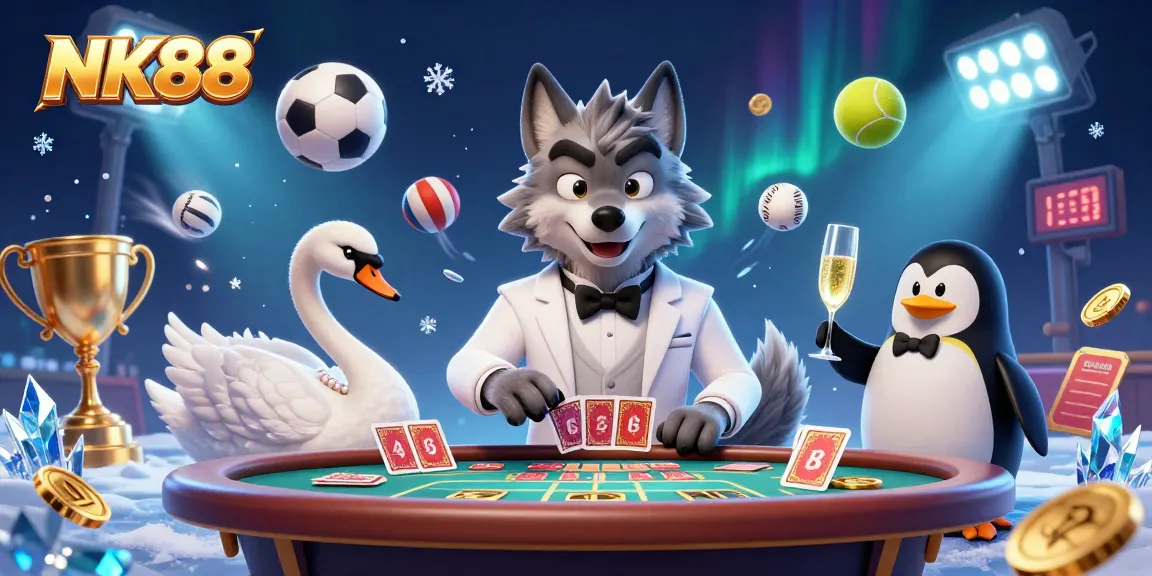 Engage with NK88's interactive gaming scene featuring a debonair wolf at the baccarat table.