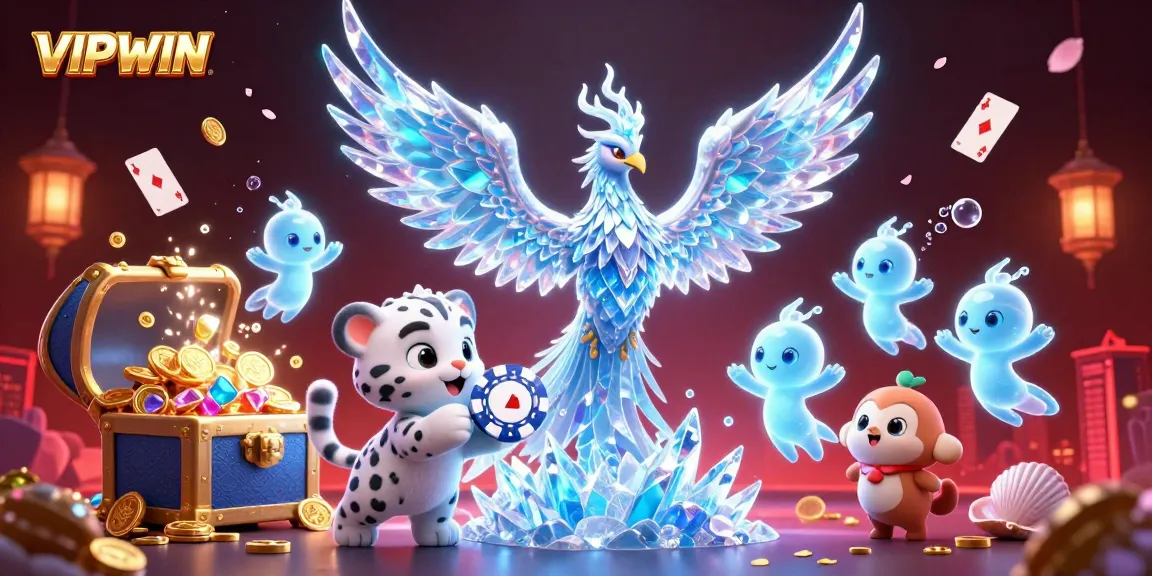 Join the excitement at VIPWIN with a colorful scene of gaming elements and characters from the casino world.