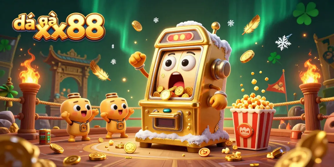 Experience thrilling moments with đá gà xx88 in a dynamic arena as coins pour from a surprised slot machine.
