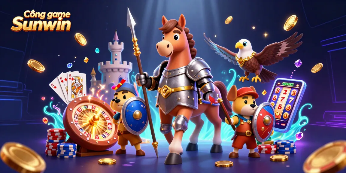 Cổng game Sunwin showcases an exciting illustration of a knight, puppy, and falcon amid casino elements.