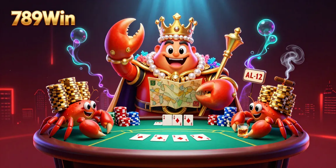Experience exciting poker action with 789Win's vibrant casino-themed scene featuring a golden crab emperor.