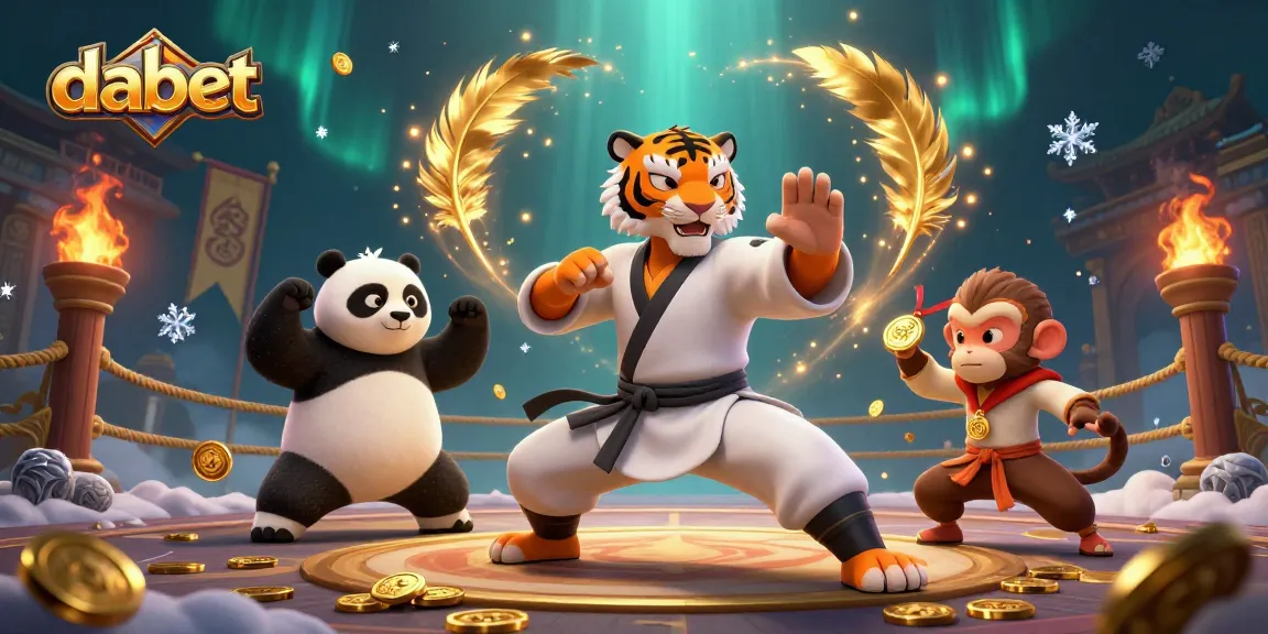 Dabet showcases a lively scene with a kung fu tiger master and panda disciples amidst gold coins and ember particles.