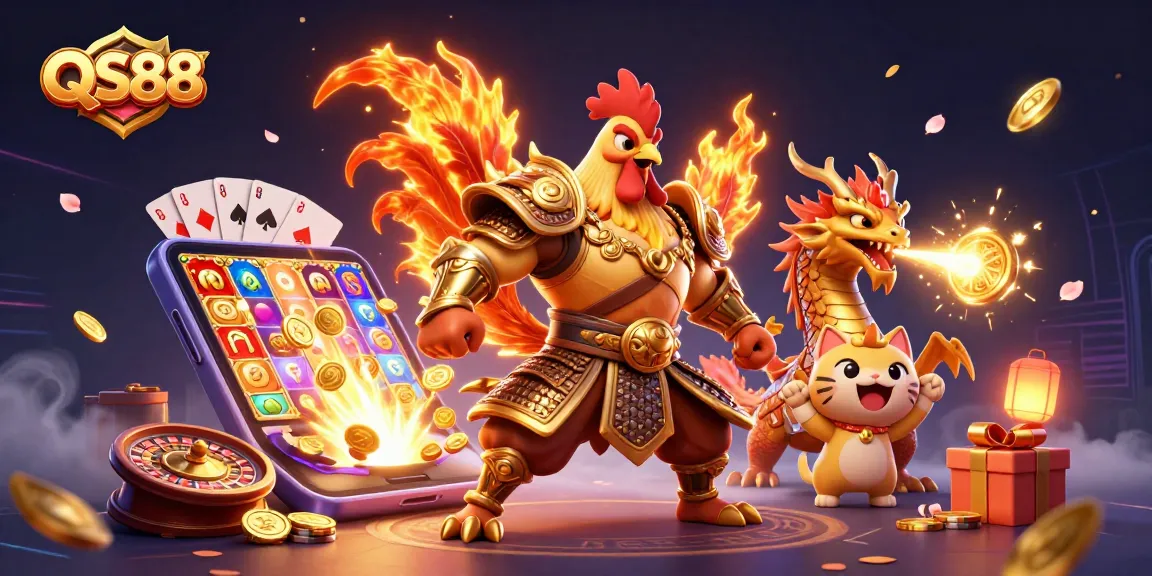 Experience the thrill of QS88 with a dynamic gaming scene featuring a rooster warrior, dragon hatchling, and casino elements.