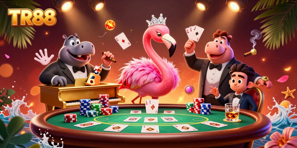 Engage with TR88 in a vibrant casino scene featuring a flamingo singer, hippo bassist, and poker elements.