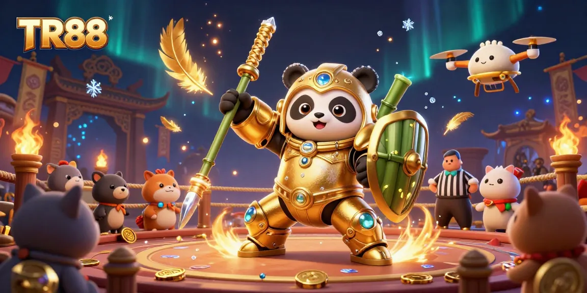 Engage with TR88 online casino in an exciting 3D gaming arena showcasing a golden panda in action.