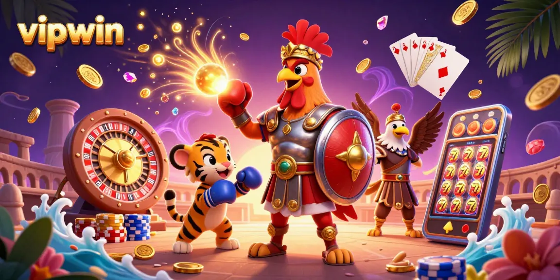 Experience thrilling action at vipwin, where a gladiator rooster battles alongside a tiger cub in a vibrant casino scene.