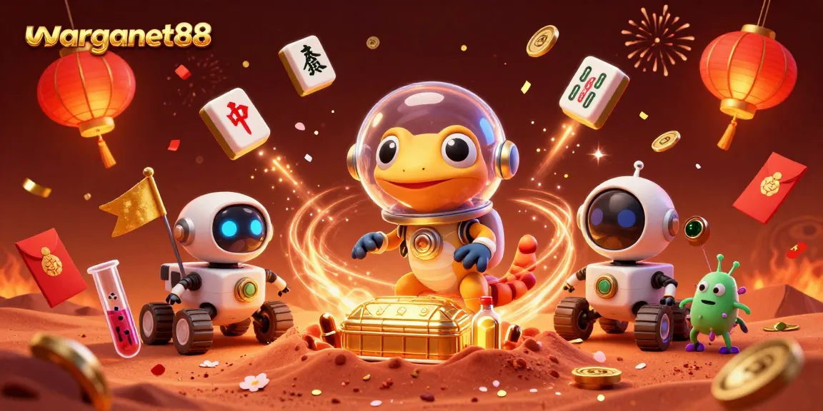 Engage with warganet88 in a vibrant Martian casino scene filled with game elements and celebration.