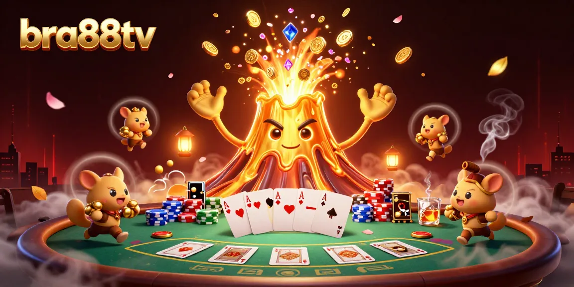 Experience the thrill of winning at bra88tv with vibrant 3D casino chaos featuring a golden volcano and treasure-hunting animals.