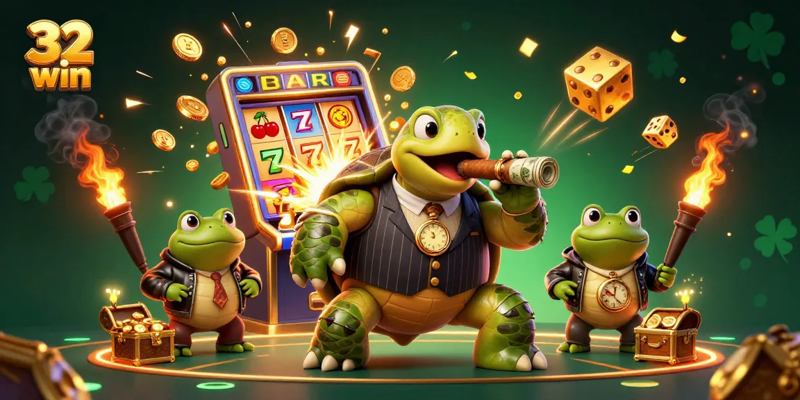 Experience the thrilling 32 win gaming excitement with a vibrant casino scene featuring cartoon characters and slot machine action.
