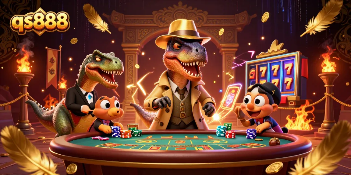 Experience the thrill of qs888 blackjack with a clever card-counter velociraptor amidst dynamic casino action.