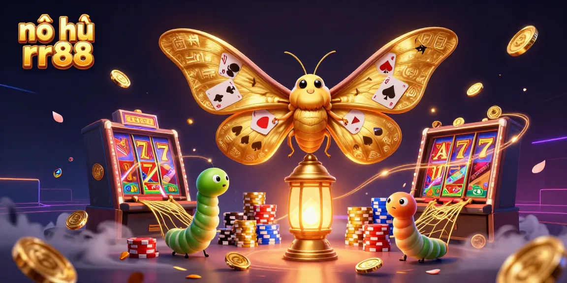 Play the nổ hũ rr88 slots with cascading coins and a vibrant casino atmosphere.