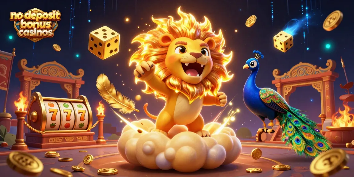 No deposit bonus casinos illustrated with a roaring lion, golden dice, and vivid slot elements.