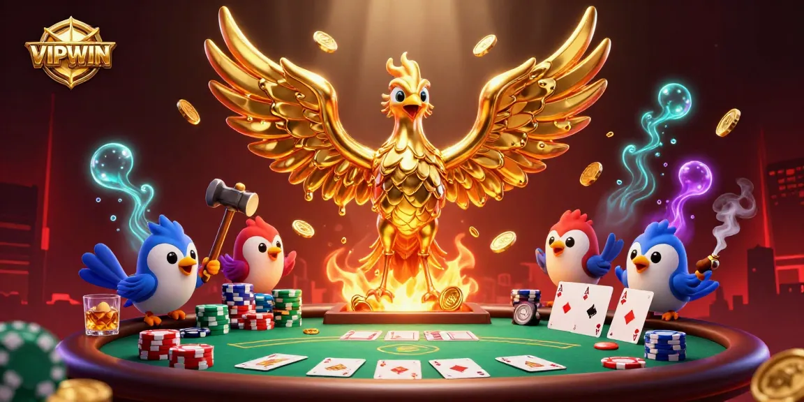 Experience dynamic poker action with VIPWIN's golden phoenix and poker elements.