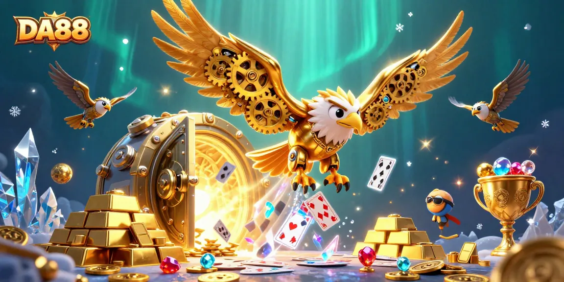 Experience the thrill of DA88 casino adventures with a cybernetic golden eagle diving through playing cards and treasures.