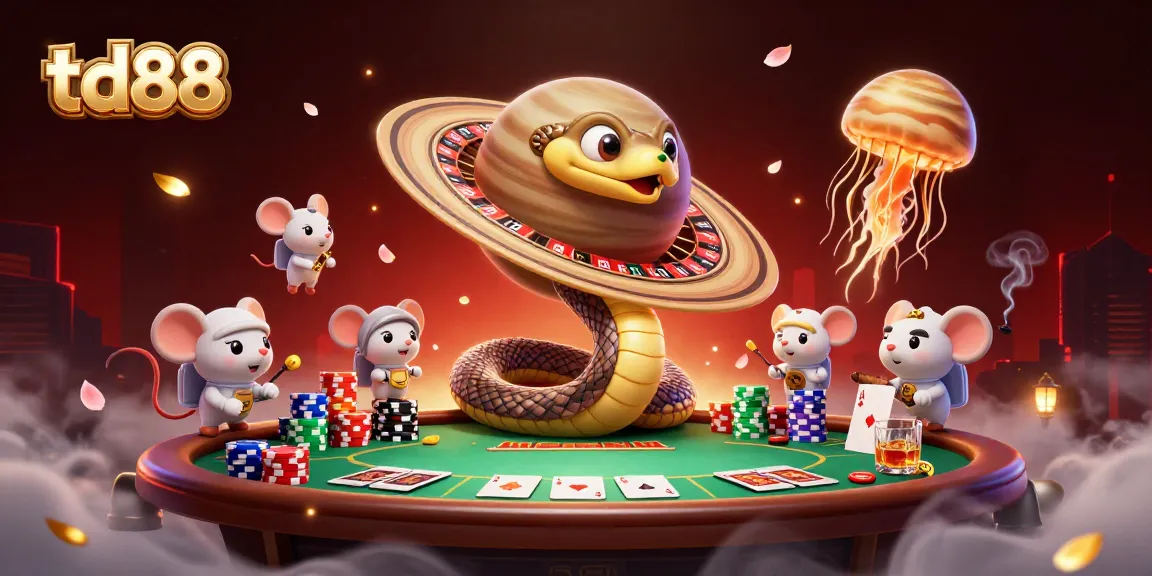 Engage in thrilling bets at td88, as cosmic dealer oversees an epic gambling scene.