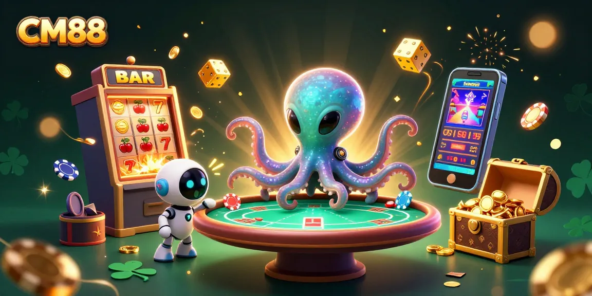 Experience exciting gaming with CM88's dynamic scene featuring vibrant casino action and animated characters.