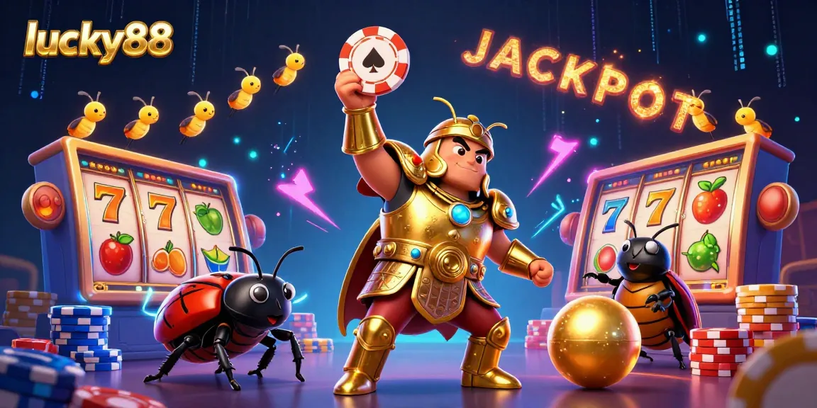 Experience lucky88's vibrant jackpot scene with a heroic beetle and casino elements.