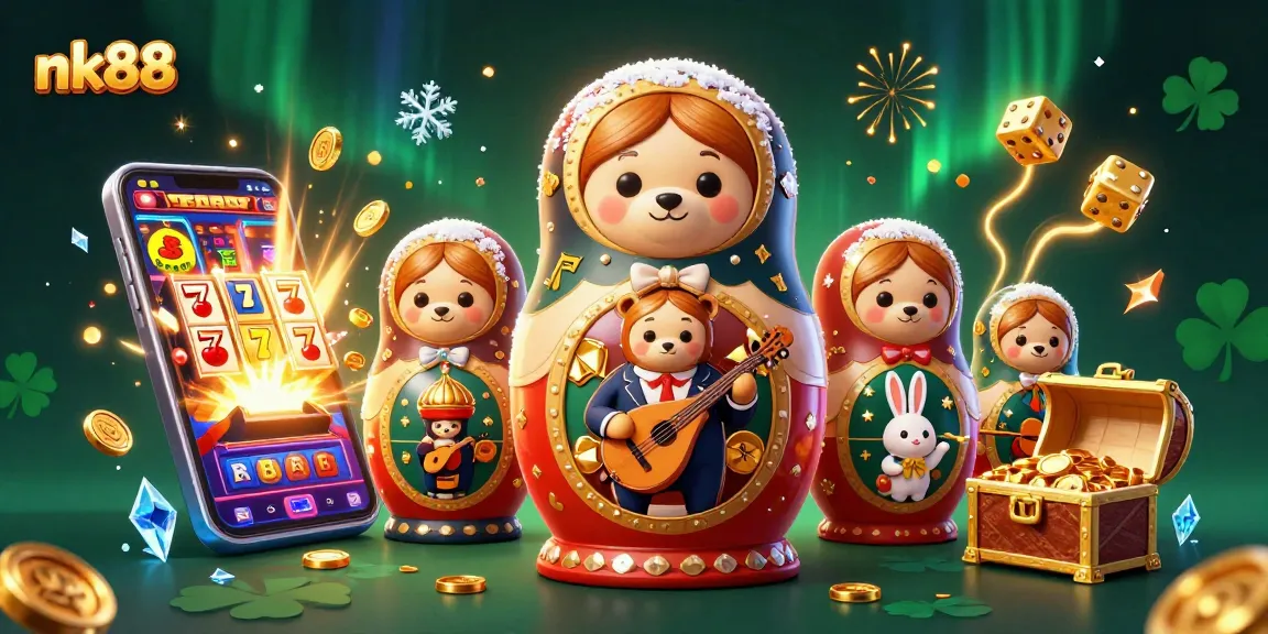 Experience thrilling wins at nk88 with this vibrant casino scene featuring playful bears and a treasure of games.