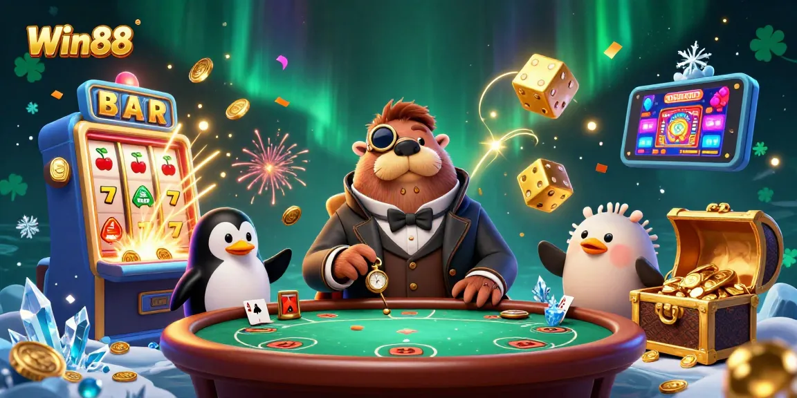 Win88 players enjoy a jolly walrus at an underwater poker table with vibrant casino elements.