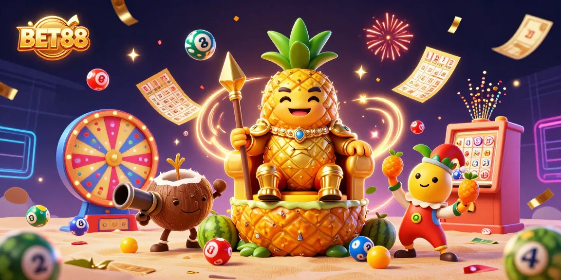 Experience the excitement with BET88 as the golden pineapple king reigns over a vibrant beach casino.