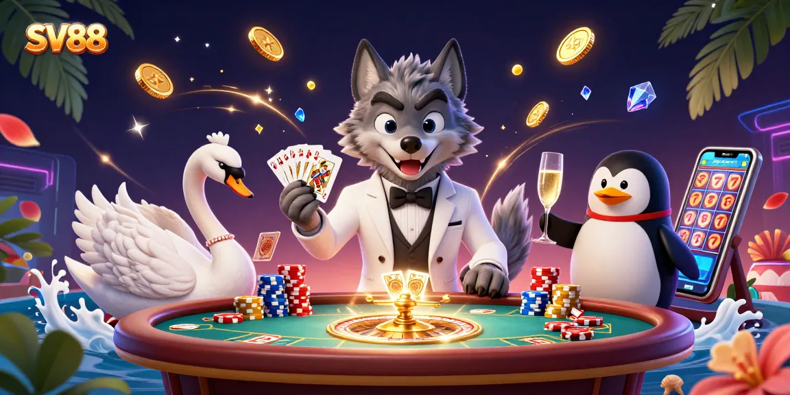 Experience thrilling games at SV88, with a sophisticated casino scene featuring a debonair wolf, elegant swan dealer, and penguin sommelier.