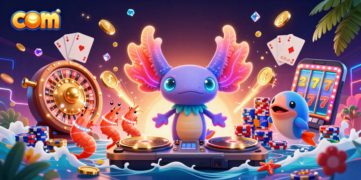 Engage with com's vibrant slot game scene featuring fun cartoon axolotl DJ and gaming elements.
