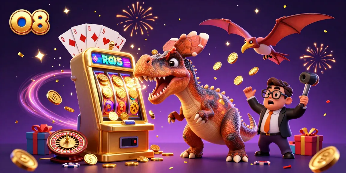 Watch as O8's pachycephalosaurus wins jackpot coins from a slot machine in this vibrant scene.