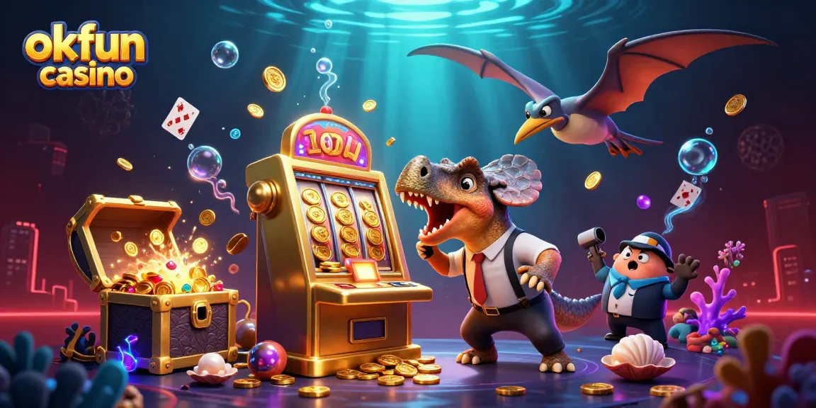 okfun casino animation showing cartoon dinosaurs engaging with a slot machine amidst coins