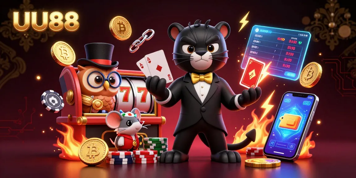 Experience thrilling gameplay at UU88 with a stylish panther dealer, owl, and mouse amidst vibrant casino elements.